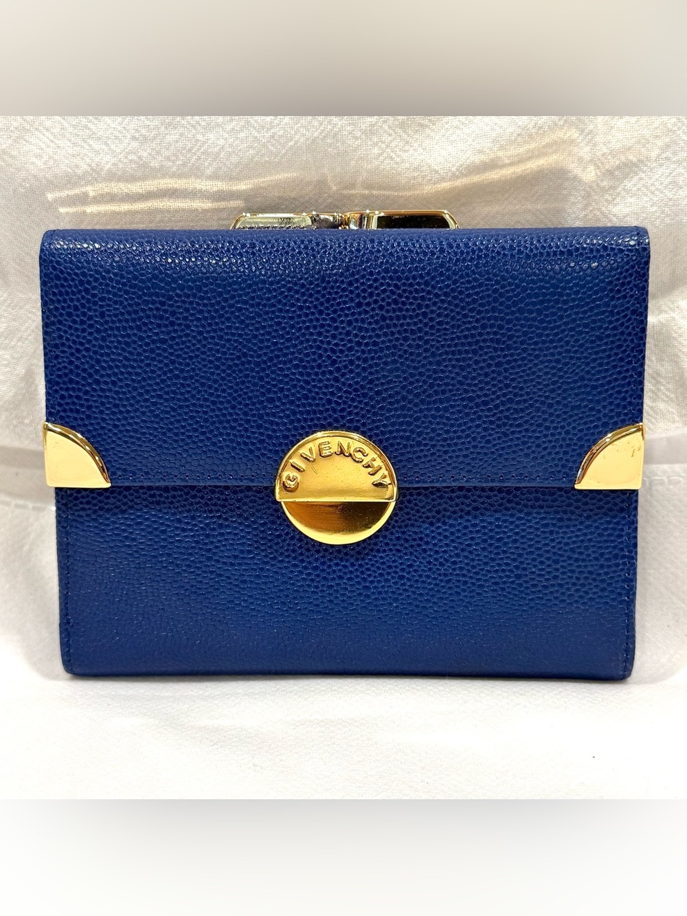 Vintage Givenchy Rare Royal Blue Textured Leather Compact Wallet w/ Kiss-Lock